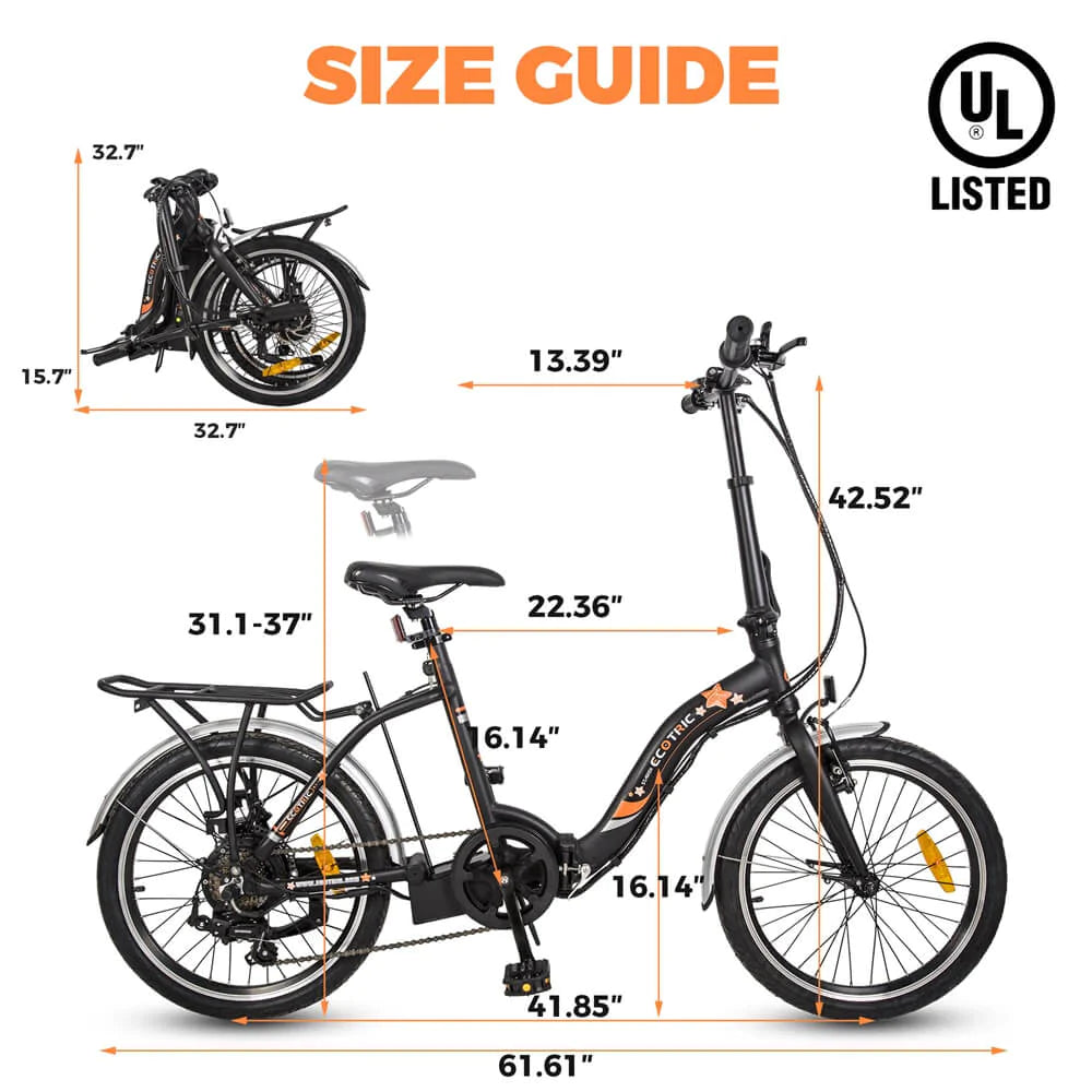 ECOTRIC BIKES UL Certified-Ecotric Starfish 20" Portable and Folding Electric Bike - Matte Black